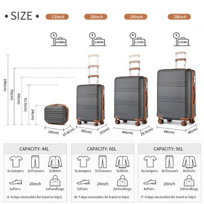 Gray Kono 4-piece suitcase size comparison chart showing dimensions and capacity for 1-9 day trips