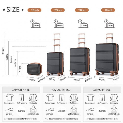 Black hard-shell suitcase size comparison graphic with dimensions and travel duration icons