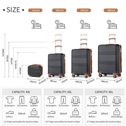 Black hard-shell suitcase size comparison graphic with dimensions and travel duration icons