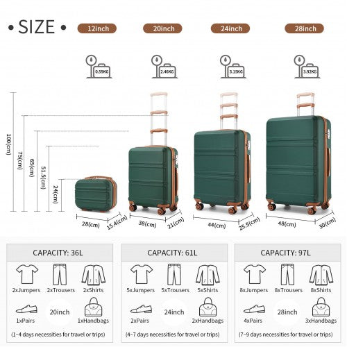 Green luggage size comparison chart showing 12 to 28 inch dimensions weight capacity and volume liters