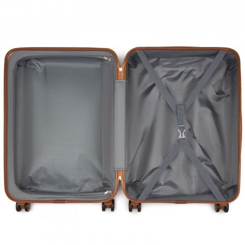Green Kono hard-shell suitcase interior with X-shaped compression straps and central divider panel