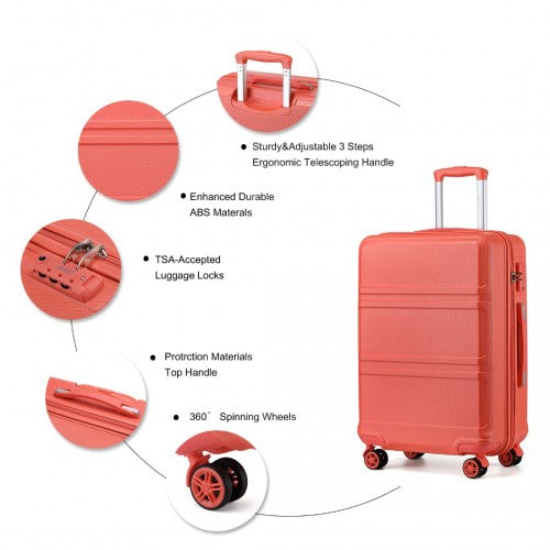Coral hard-shell suitcase with TSA lock, durable ABS material, and spinner wheels labeled