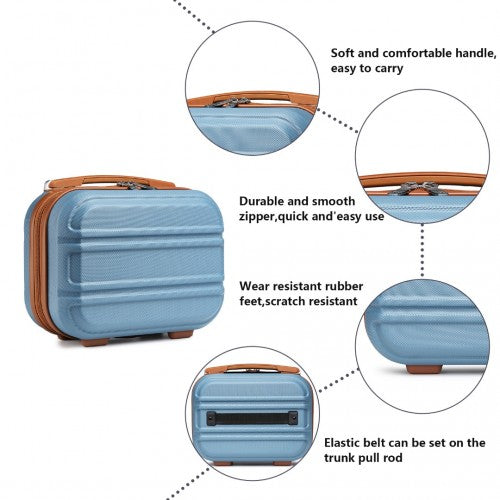 Light blue textured Kono vanity case with soft handle, rubber feet, and elastic belt attachment