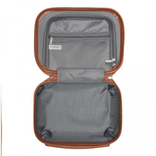 Open brown KONO vanity case with tan trim, gray fabric lining, mesh pocket, and white brand label