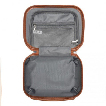 Open brown KONO vanity case with tan trim, gray fabric lining, mesh pocket, and white brand label