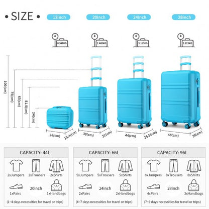 K1871-1L+E2019 - Kono ABS Suitcase Set With 4 Wheel Design Including Vanity Case And Travel Luggage Organiser Bag Set - Blue