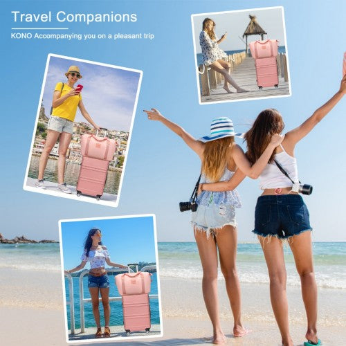 K1871-1L+EA2212 - Kono ABS 4 Wheel Suitcase Set With Vanity Case And Weekend Bag And Toiletry Bag - Pink