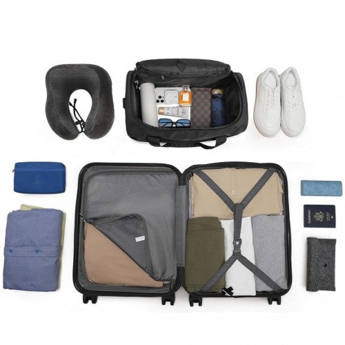 K1871-1L+EA2321 - Kono ABS 20 Inch Sculpted Horizontal Design 2 Piece Suitcase Set With Cabin Bag - Black