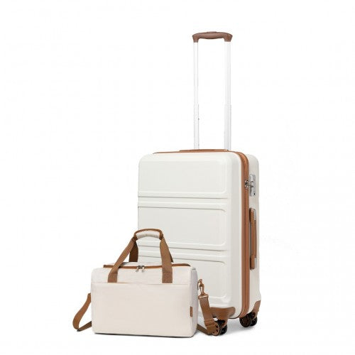 K1871-1L+EA2321 - Kono ABS 20 Inch Sculpted Horizontal Design 2 Piece Suitcase Set With Cabin Bag - Cream