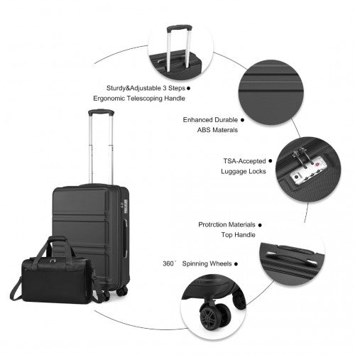 K1871-1L+EA2321 - Kono ABS 20 Inch Sculpted Horizontal Design 2 Piece Suitcase Set With Cabin Bag - Black