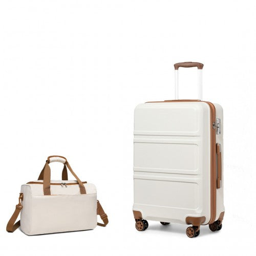K1871-1L+EA2321 - Kono ABS 20 Inch Sculpted Horizontal Design 2 Piece Suitcase Set With Cabin Bag - Cream