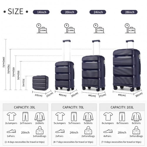 K2092L - Kono Bright Hard Shell PP Suitcase With TSA Lock And Vanity Case 4 Pieces Set - Classic Collection - Navy