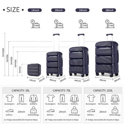 K2092L - Kono Bright Hard Shell PP Suitcase With TSA Lock And Vanity Case 4 Pieces Set - Classic Collection - Navy