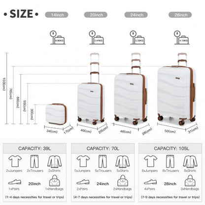 K2094L - Kono Lightweight Polypropylene Hard Shell 4 Piece Suitcase Set With TSA Lock And Vanity Case - Cream