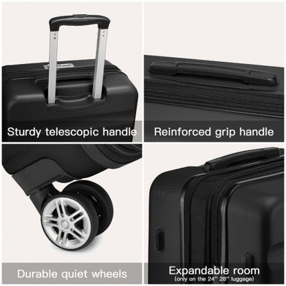 KSK2482 - Kono 3-Piece Horizontal Engraved Hard Shell ABS+PC Suitcase with TSA Lock - Black