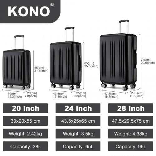 Kono KSK2483 20/24/28-inch black luggage set – set view