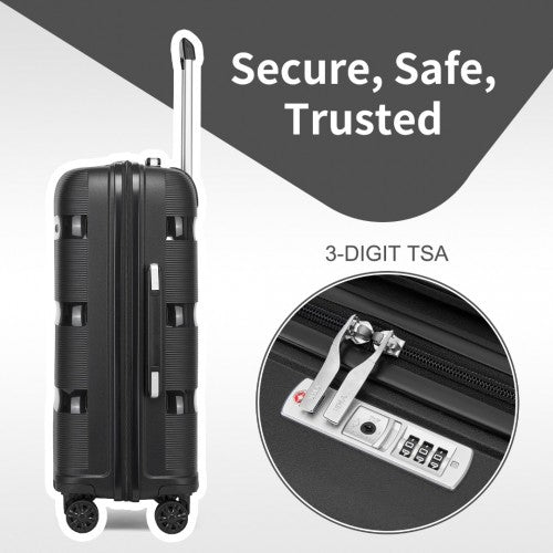 KSK2492 - Kono 3-Piece PP Hardshell Luggage Set–Durable Travel Suitcases with TSA Lock, 360° Spinner Wheels - Black