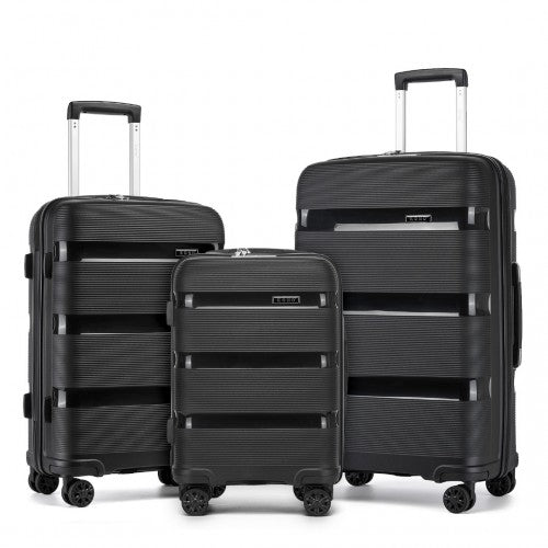 KSK2492 - Kono 3-Piece PP Hardshell Luggage Set–Durable Travel Suitcases with TSA Lock, 360° Spinner Wheels - Black