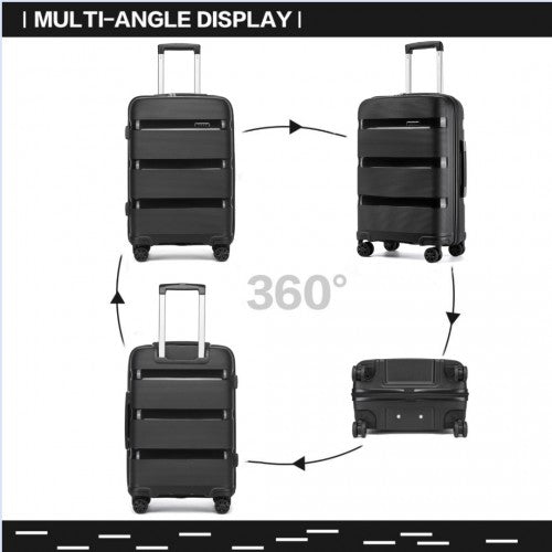 KSK2492 - Kono 3-Piece PP Hardshell Luggage Set–Durable Travel Suitcases with TSA Lock, 360° Spinner Wheels - Black