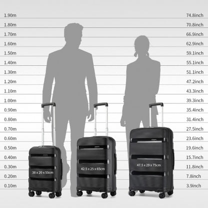 KSK2492 - Kono 3-Piece PP Hardshell Luggage Set–Durable Travel Suitcases with TSA Lock, 360° Spinner Wheels - Black