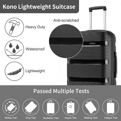 KSK2492 - Kono 3-Piece PP Hardshell Luggage Set–Durable Travel Suitcases with TSA Lock, 360° Spinner Wheels - Black