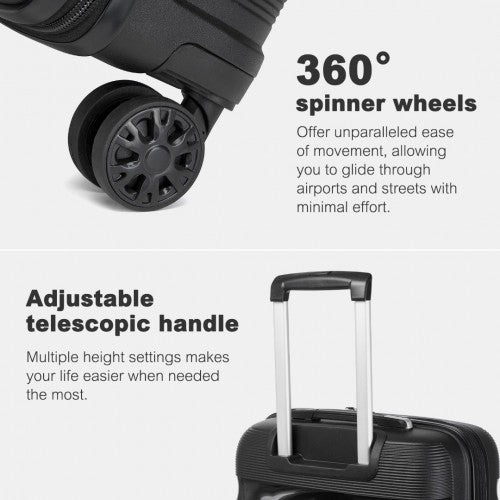 KSK2492 - Kono 3-Piece PP Hardshell Luggage Set–Durable Travel Suitcases with TSA Lock, 360° Spinner Wheels - Black