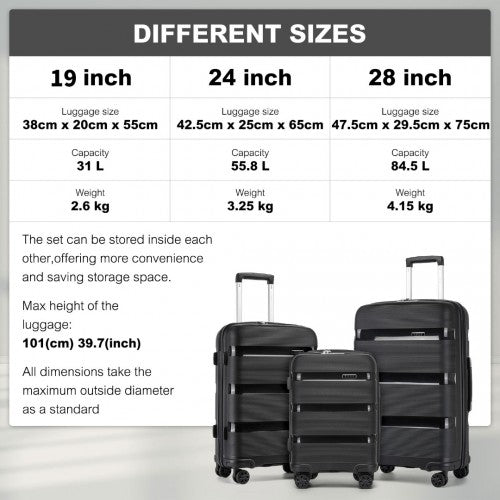 KSK2492 - Kono 3-Piece PP Hardshell Luggage Set–Durable Travel Suitcases with TSA Lock, 360° Spinner Wheels - Black