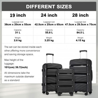 KSK2492 - Kono 3-Piece PP Hardshell Luggage Set–Durable Travel Suitcases with TSA Lock, 360° Spinner Wheels - Black