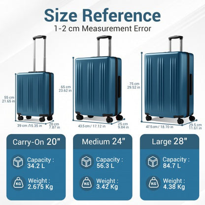 KSK2583 - Kono Premium ABS+PC 3-Piece Hard Shell Luggage Set with TSA Lock & 360° Silent Spinner Wheels - Navy