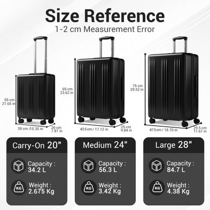 KSK2583 - Kono Premium ABS+PC 3-Piece Hard Shell Luggage Set with TSA Lock & 360° Silent Spinner Wheels - Black