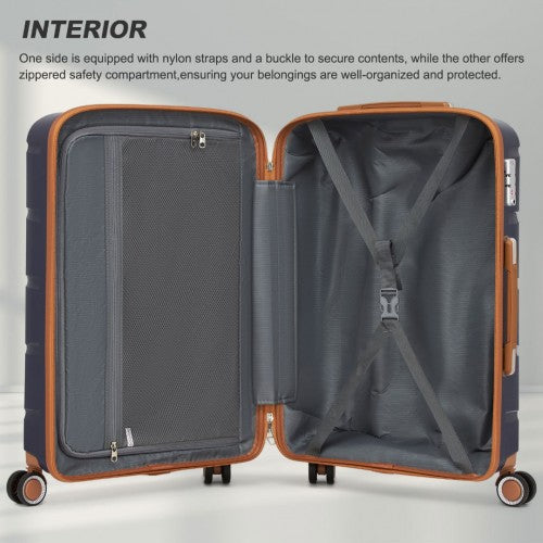 KSK2591 - Kono 20/24/28 inch PP Modern Scratch-Resistant Suitcase Set with TSA Lock & Stylish Brown Accents - Navy and Brown