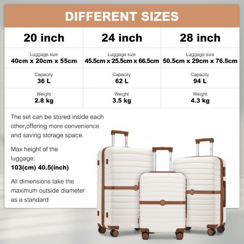 Kono KSK2592 20/24/28-inch cream and brown luggage set – set view