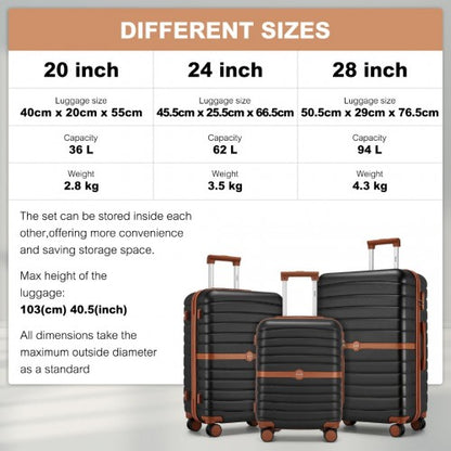 Kono KSK2592 20/24/28-inch black and brown luggage set – set view