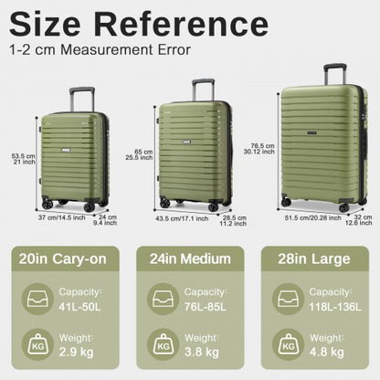 Kono KSK2595 - 3-Piece Hard Shell Luggage Set 20/24/28 Inch with Cup Holder, TSA Lock and Expandable Design