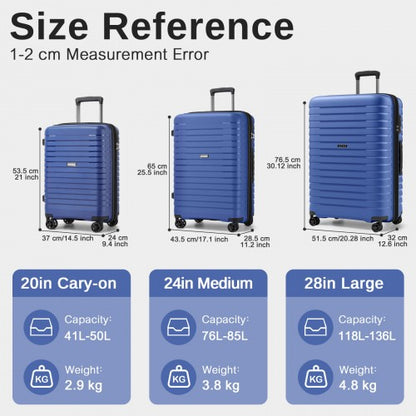 Kono KSK2595 - 3-Piece Hard Shell Luggage Set 20/24/28 Inch with Cup Holder, TSA Lock and Expandable Design