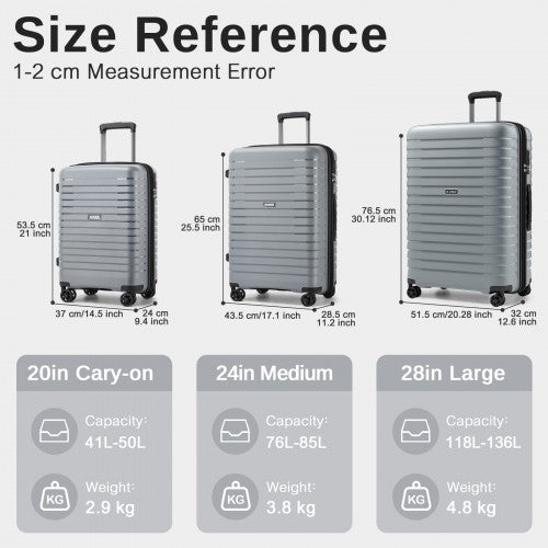Kono KSK2595 - 3-Piece Hard Shell Luggage Set 20/24/28 Inch with Cup Holder, TSA Lock and Expandable Design
