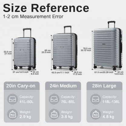 Kono KSK2595 - 3-Piece Hard Shell Luggage Set 20/24/28 Inch with Cup Holder, TSA Lock and Expandable Design