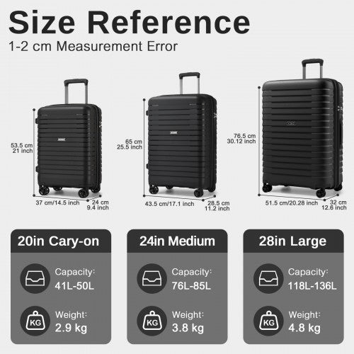 Kono KSK2595 - 3-Piece Hard Shell Luggage Set 20/24/28 Inch with Cup Holder, TSA Lock and Expandable Design