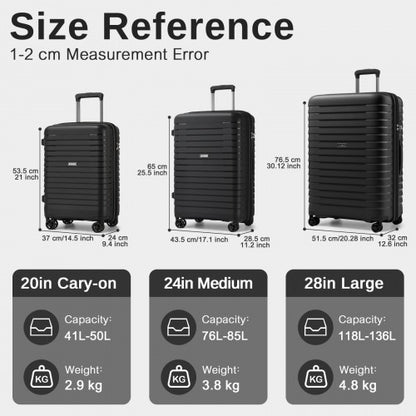 Kono KSK2595 - 3-Piece Hard Shell Luggage Set 20/24/28 Inch with Cup Holder, TSA Lock and Expandable Design