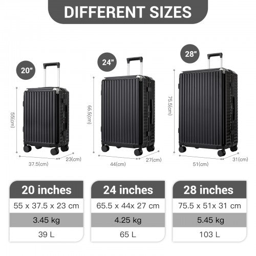 KSK2693 - Kono 3-Piece Zipperless Aluminium Frame Luggage Set with TSA Lock, Smart Travel Features - Black