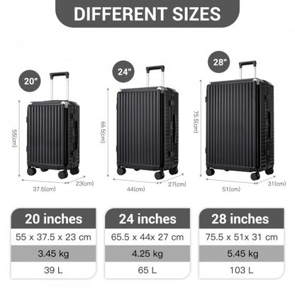 KSK2693 - Kono 3-Piece Zipperless Aluminium Frame Luggage Set with TSA Lock, Smart Travel Features - Black