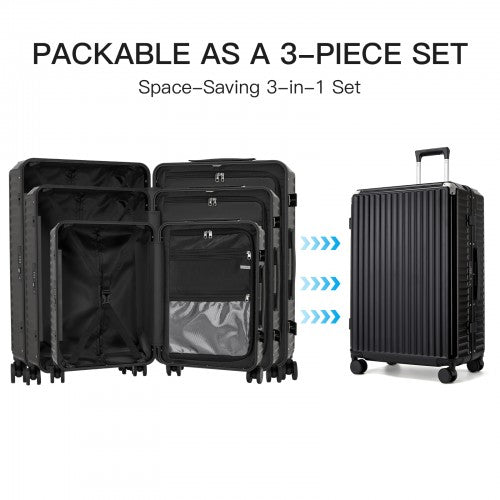 KSK2693 - Kono 3-Piece Zipperless Aluminium Frame Luggage Set with TSA Lock, Smart Travel Features - Black