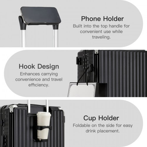 KSK2693 - Kono 3-Piece Zipperless Aluminium Frame Luggage Set with TSA Lock, Smart Travel Features - Black
