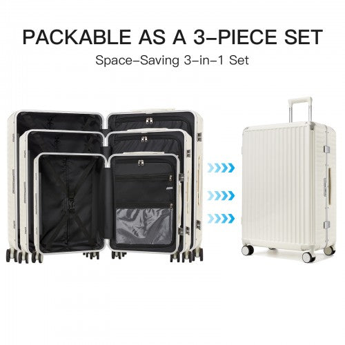 KSK2693 - Kono 3-Piece Zipperless Aluminium Frame Luggage Set with TSA Lock, Smart Travel Features - White