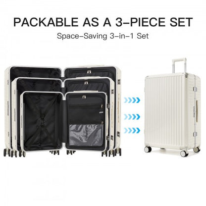 KSK2693 - Kono 3-Piece Zipperless Aluminium Frame Luggage Set with TSA Lock, Smart Travel Features - White