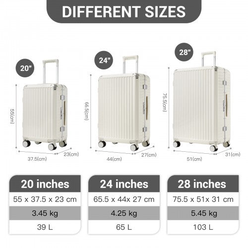 KSK2693 - Kono 3-Piece Zipperless Aluminium Frame Luggage Set with TSA Lock, Smart Travel Features - White