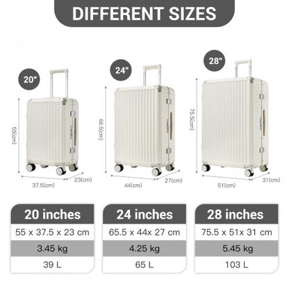 KSK2693 - Kono 3-Piece Zipperless Aluminium Frame Luggage Set with TSA Lock, Smart Travel Features - White
