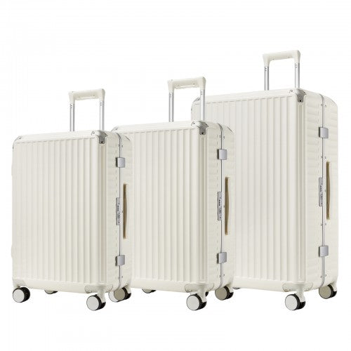 KSK2693 - Kono 3-Piece Zipperless Aluminium Frame Luggage Set with TSA Lock, Smart Travel Features - White