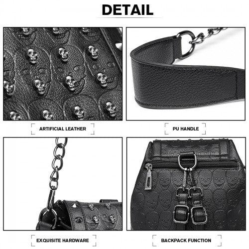 L1414 - Miss Lulu Skull Studded Backpack Shoulder Bag - Black