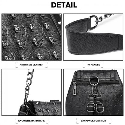 L1414 - Miss Lulu Skull Studded Backpack Shoulder Bag - Black